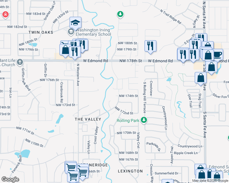map of restaurants, bars, coffee shops, grocery stores, and more near 608 Northwest 174th Street in Edmond