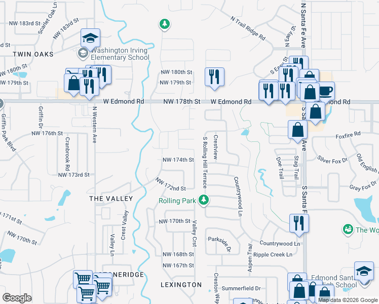 map of restaurants, bars, coffee shops, grocery stores, and more near 513 Northwest 174th Street in Edmond