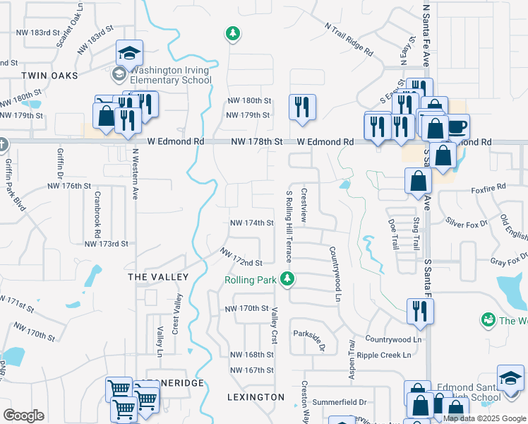 map of restaurants, bars, coffee shops, grocery stores, and more near 513 Northwest 174th Street in Edmond