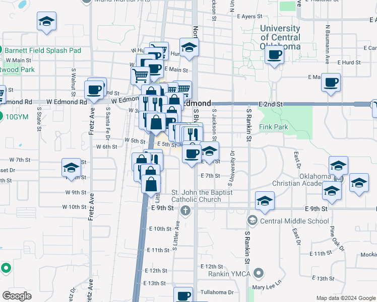 map of restaurants, bars, coffee shops, grocery stores, and more near 602 South Littler Avenue in Edmond