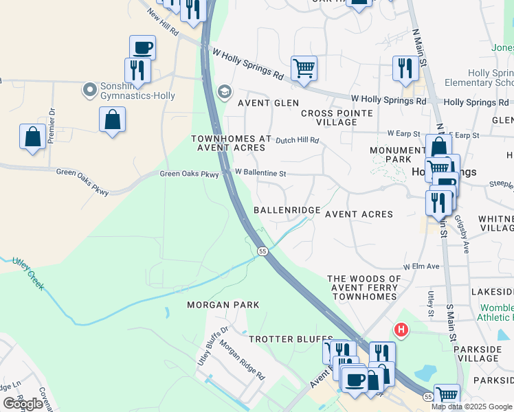 map of restaurants, bars, coffee shops, grocery stores, and more near 224 Hartshorn Court in Holly Springs