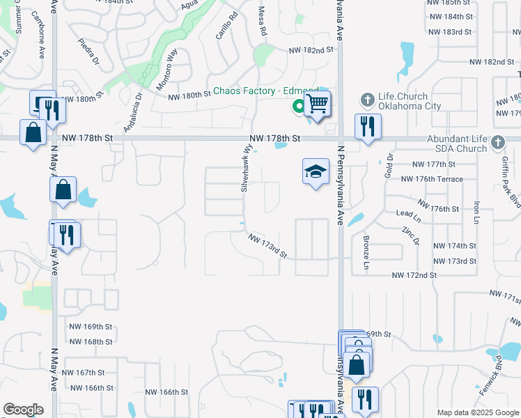 map of restaurants, bars, coffee shops, grocery stores, and more near 17509 Black Hawk Drive in Edmond