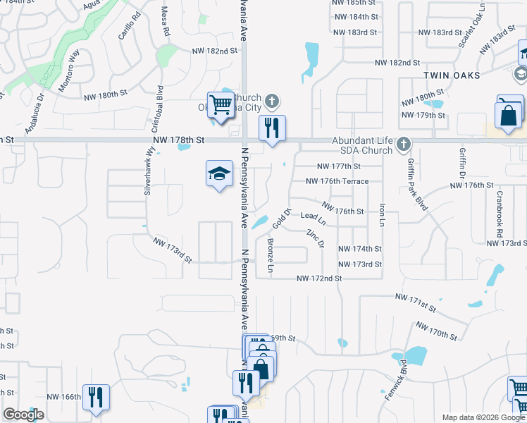 map of restaurants, bars, coffee shops, grocery stores, and more near 17616 Palladium Lane in Edmond