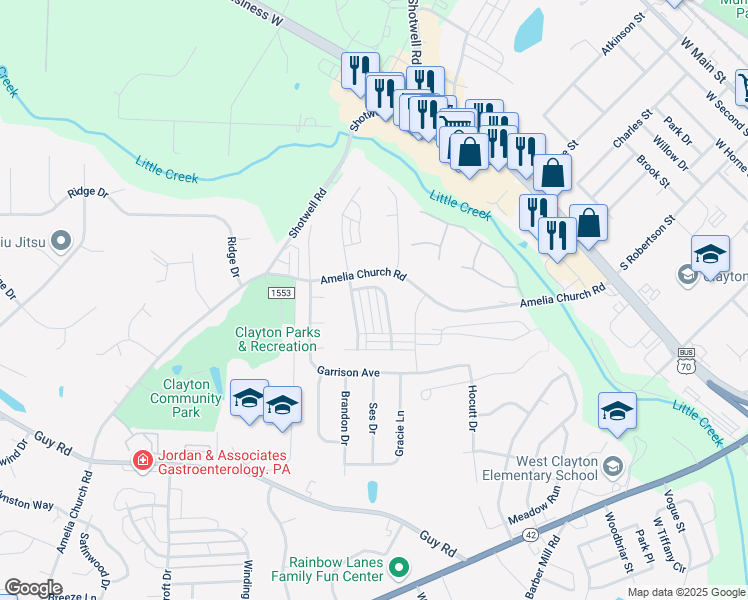 map of restaurants, bars, coffee shops, grocery stores, and more near 43 Scotch Bonnet Ridge in Clayton