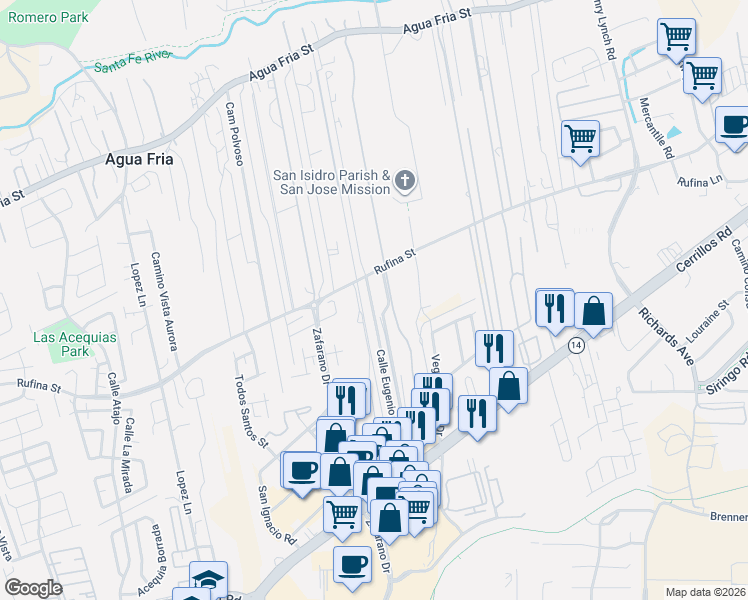 map of restaurants, bars, coffee shops, grocery stores, and more near 2221 Paseo Mel Senaida in Santa Fe