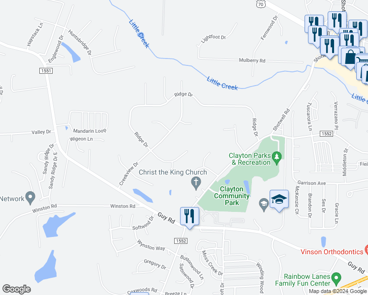 map of restaurants, bars, coffee shops, grocery stores, and more near 1305 Ridge Drive in Clayton