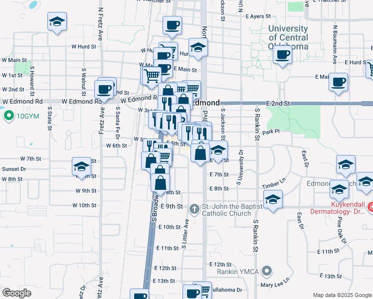 map of restaurants, bars, coffee shops, grocery stores, and more near 602 South Littler Avenue in Edmond