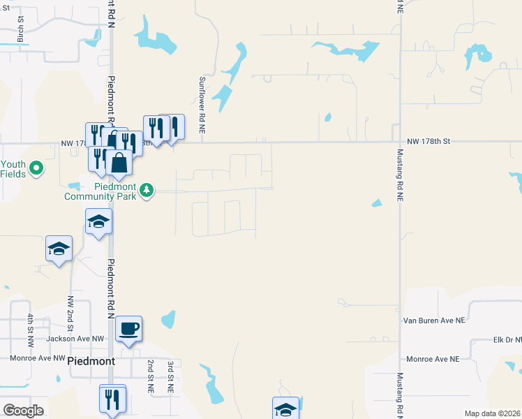 map of restaurants, bars, coffee shops, grocery stores, and more near 876-908 Northwest 178th Street in Piedmont