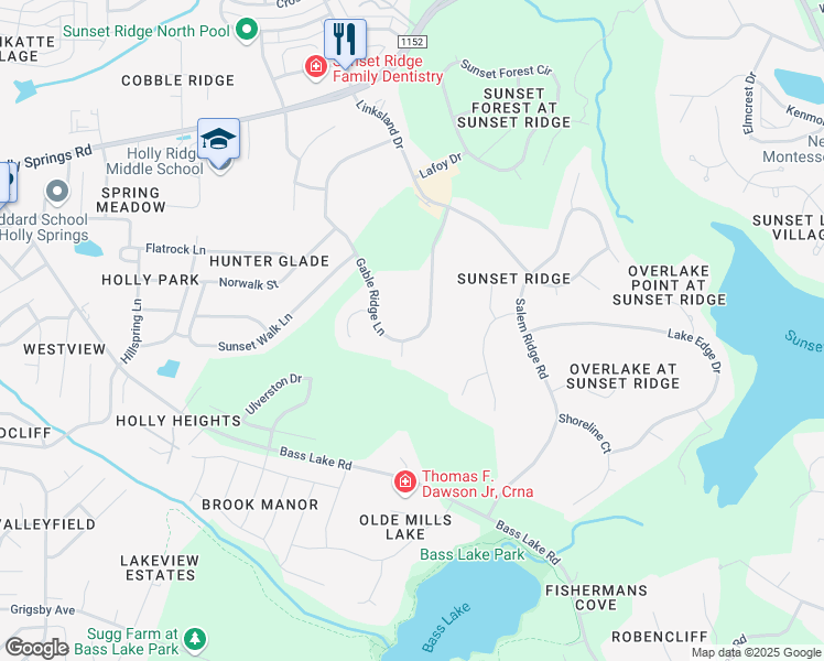 map of restaurants, bars, coffee shops, grocery stores, and more near 5213 Gable Ridge Lane in Holly Springs