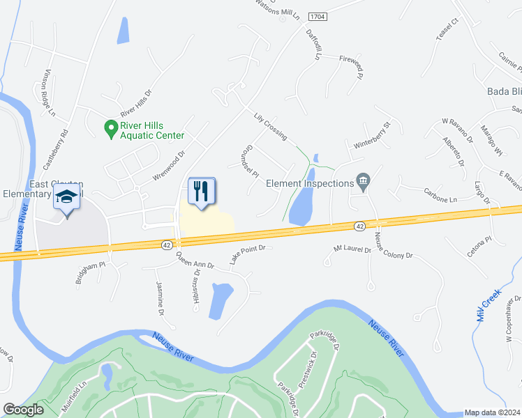 map of restaurants, bars, coffee shops, grocery stores, and more near 218 Sweetbriar Court in Clayton