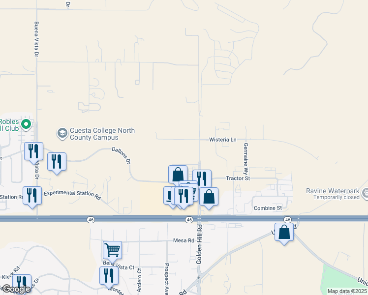 map of restaurants, bars, coffee shops, grocery stores, and more near 3405 Golden Hill Road in Paso Robles