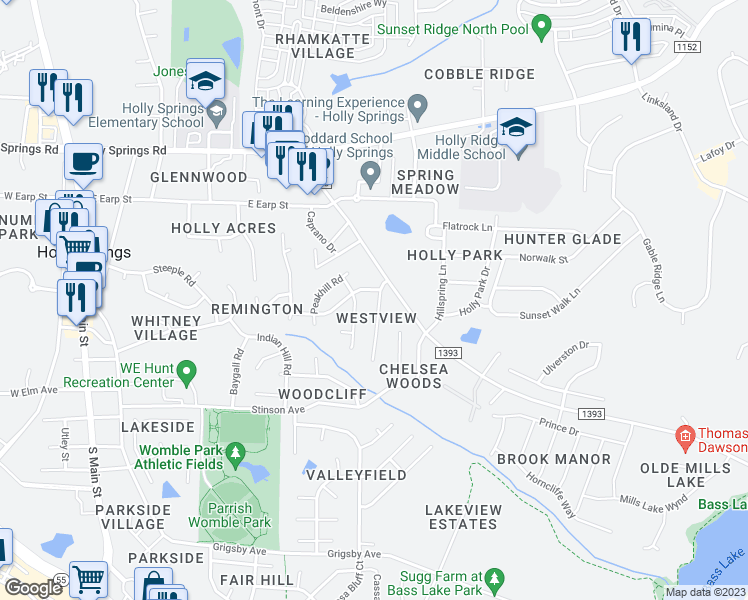 map of restaurants, bars, coffee shops, grocery stores, and more near 108 Holly Mountain Road in Holly Springs