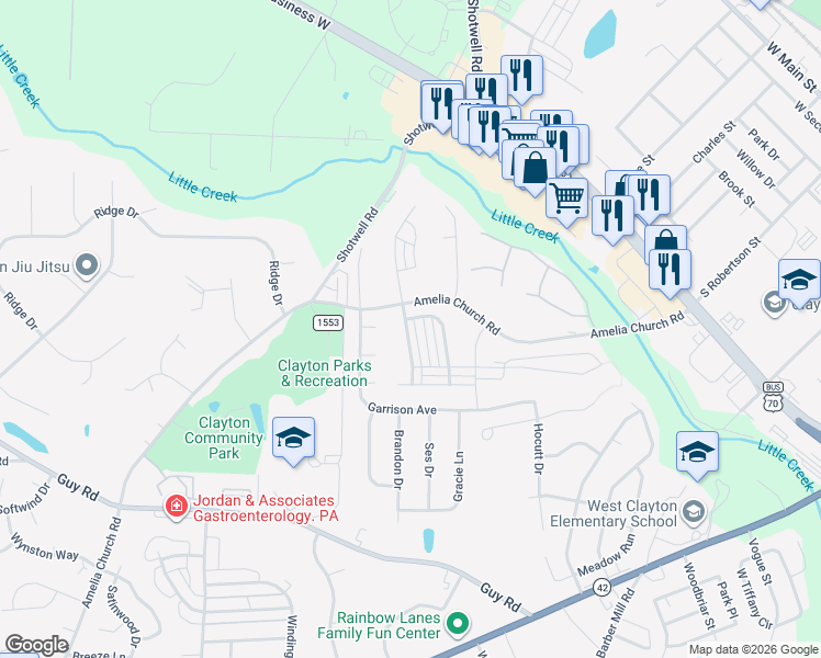 map of restaurants, bars, coffee shops, grocery stores, and more near 69 Shad Boat Lane in Clayton
