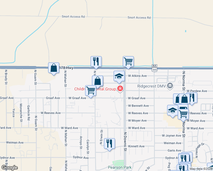 map of restaurants, bars, coffee shops, grocery stores, and more near 1013 West Alene Avenue in Ridgecrest