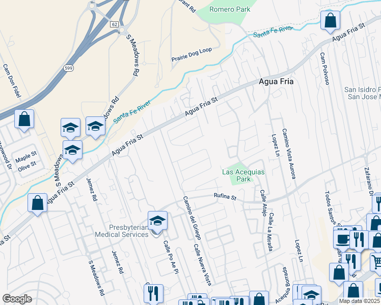 map of restaurants, bars, coffee shops, grocery stores, and more near 5213 Via Nube in Santa Fe