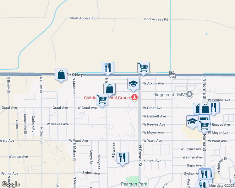 map of restaurants, bars, coffee shops, grocery stores, and more near 1000 West Perdew Avenue in Ridgecrest