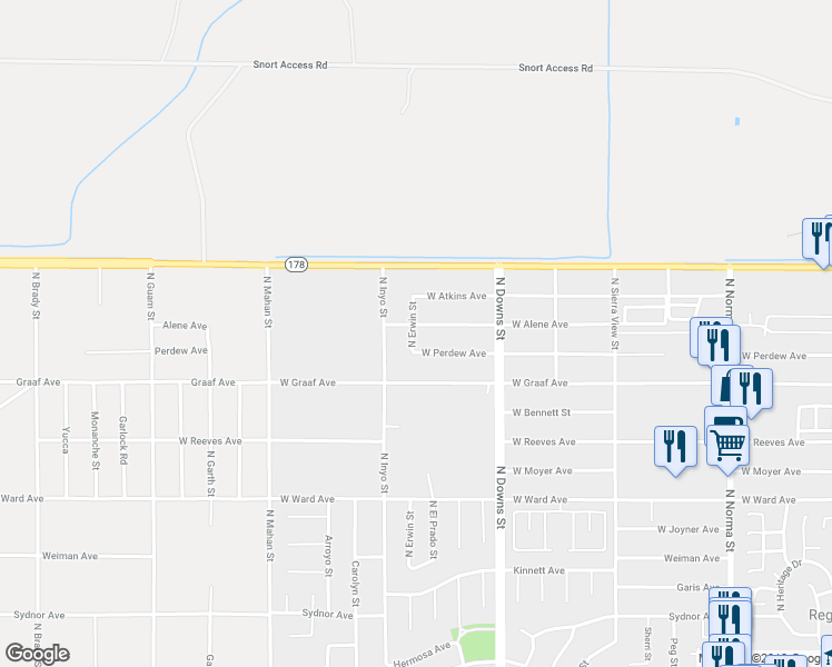 map of restaurants, bars, coffee shops, grocery stores, and more near 1025 West Perdew Avenue in Ridgecrest