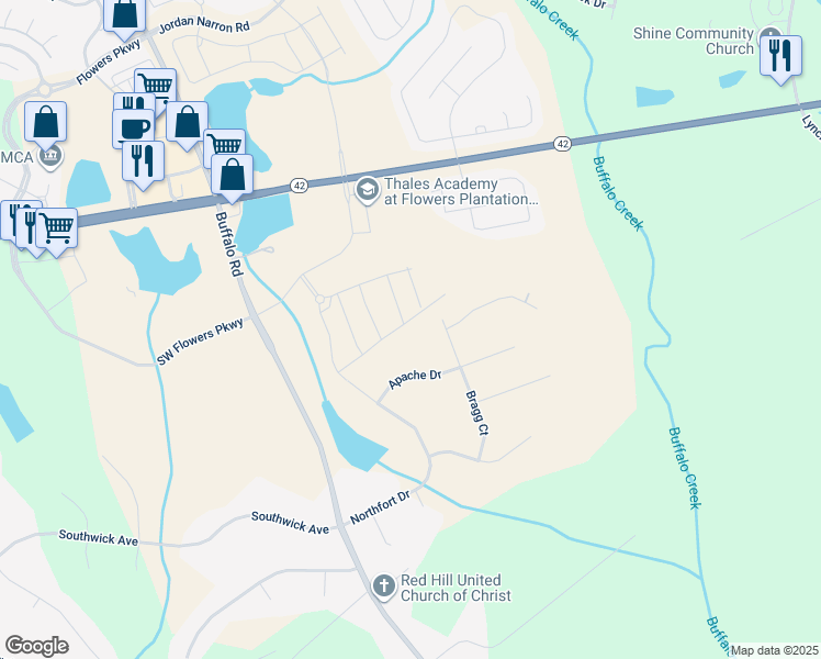map of restaurants, bars, coffee shops, grocery stores, and more near 113 Apache Drive in Clayton