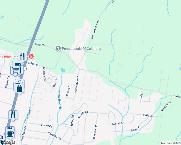 map of restaurants, bars, coffee shops, grocery stores, and more near 1008 Pretender Way in Columbia