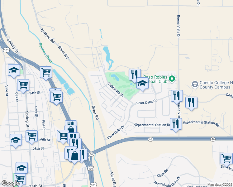 map of restaurants, bars, coffee shops, grocery stores, and more near 2565 Clubhouse Drive in Paso Robles