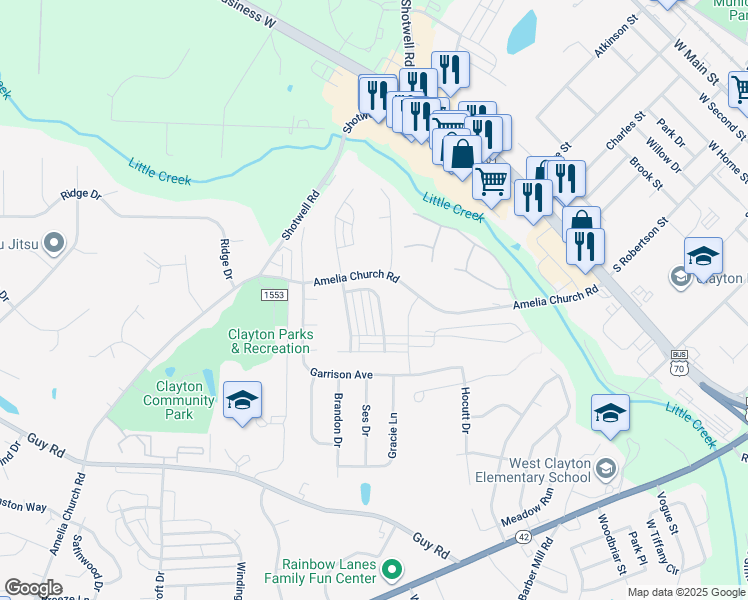 map of restaurants, bars, coffee shops, grocery stores, and more near 108 Honeybee Trace in Clayton