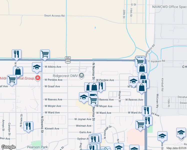 map of restaurants, bars, coffee shops, grocery stores, and more near 500-504 West Perdew Avenue in Ridgecrest