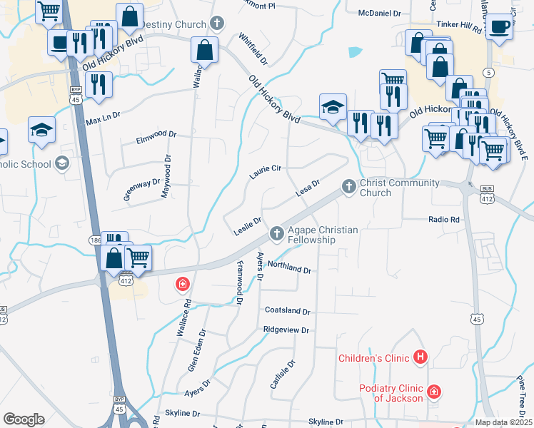 map of restaurants, bars, coffee shops, grocery stores, and more near 12 Leslie Drive in Jackson