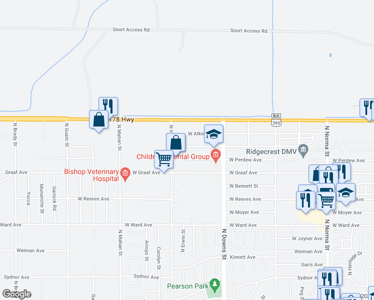 map of restaurants, bars, coffee shops, grocery stores, and more near 1017 West Alene Avenue in Ridgecrest