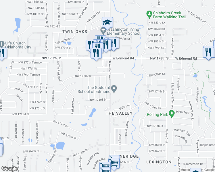 map of restaurants, bars, coffee shops, grocery stores, and more near 17516 Durbin Park Road in Edmond