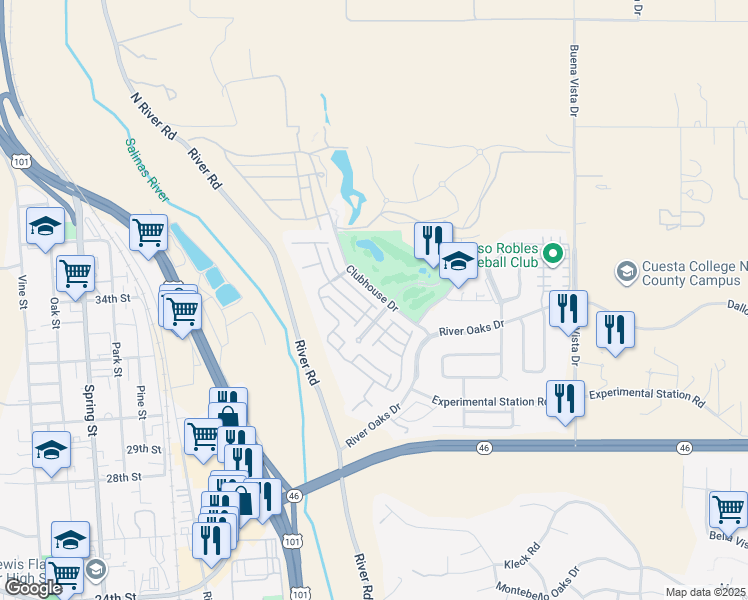 map of restaurants, bars, coffee shops, grocery stores, and more near 2565 Clubhouse Drive in Paso Robles