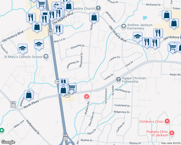 map of restaurants, bars, coffee shops, grocery stores, and more near 33 Wood Thrush Cove in Jackson
