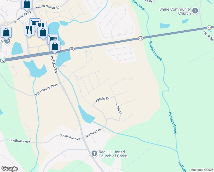 map of restaurants, bars, coffee shops, grocery stores, and more near 327 Bragg Court in Clayton
