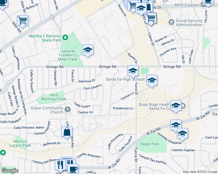 map of restaurants, bars, coffee shops, grocery stores, and more near 2195 Rancho Siringo Road in Santa Fe