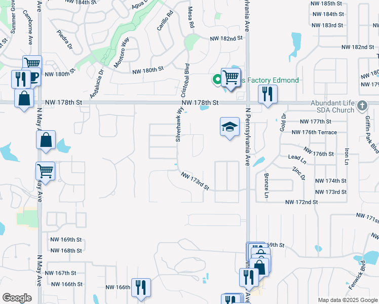 map of restaurants, bars, coffee shops, grocery stores, and more near 17513 Black Hawk Drive in Edmond