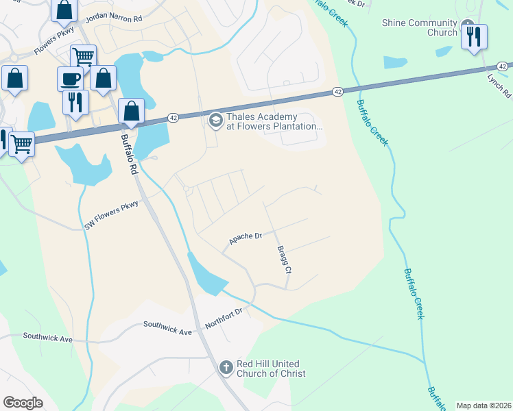 map of restaurants, bars, coffee shops, grocery stores, and more near 327 Bragg Court in Clayton