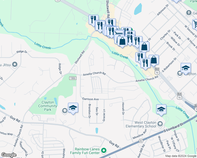 map of restaurants, bars, coffee shops, grocery stores, and more near 100 Honeybee Trace in Clayton