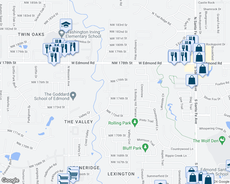 map of restaurants, bars, coffee shops, grocery stores, and more near 541 Northwest 174th Street in Edmond