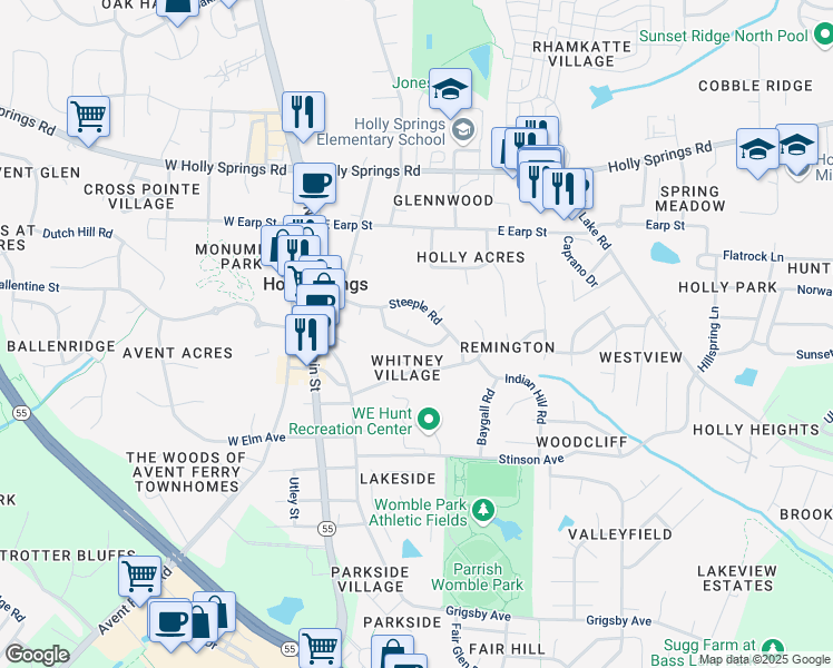 map of restaurants, bars, coffee shops, grocery stores, and more near 405 Thornwall Court in Holly Springs