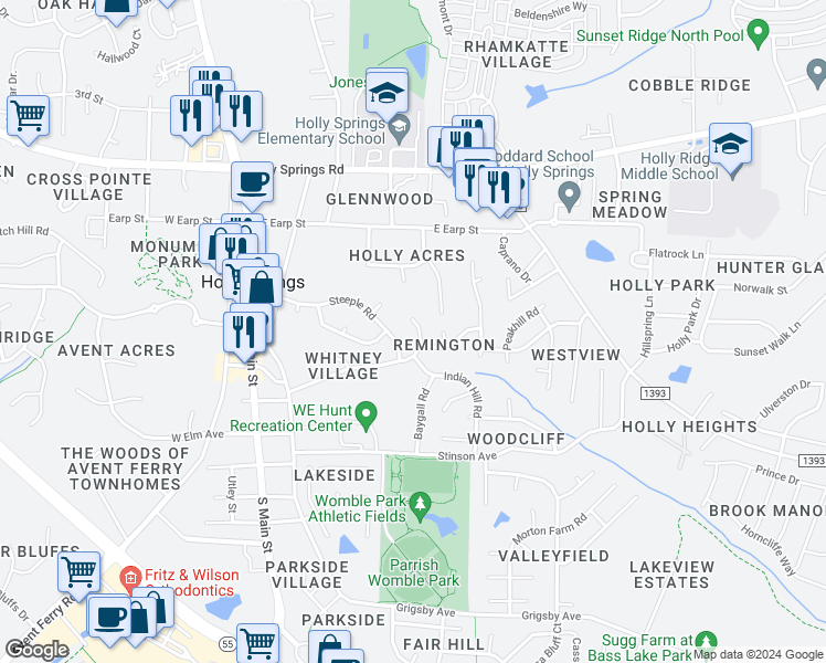 map of restaurants, bars, coffee shops, grocery stores, and more near 312 Wolfbridge Road in Holly Springs