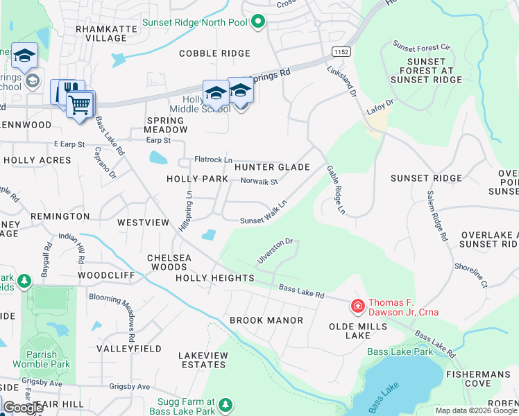 map of restaurants, bars, coffee shops, grocery stores, and more near 5209 Sunset Walk Lane in Holly Springs