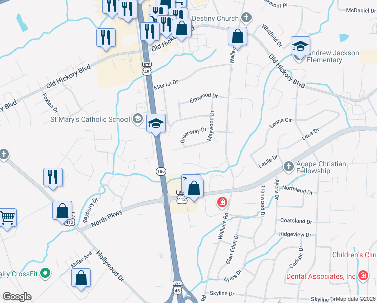 map of restaurants, bars, coffee shops, grocery stores, and more near 93 Shady Lane in Jackson