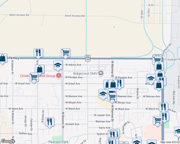 map of restaurants, bars, coffee shops, grocery stores, and more near 625 West Perdew Avenue in Ridgecrest