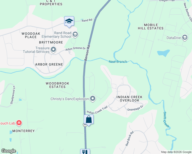 map of restaurants, bars, coffee shops, grocery stores, and more near 2932 North Carolina 50 in Garner