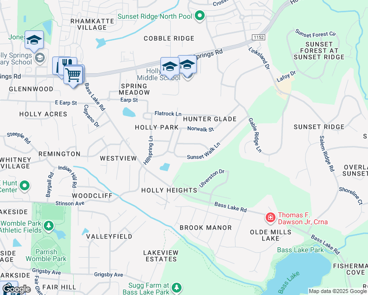 map of restaurants, bars, coffee shops, grocery stores, and more near 4921 Timbergreen Lane in Holly Springs