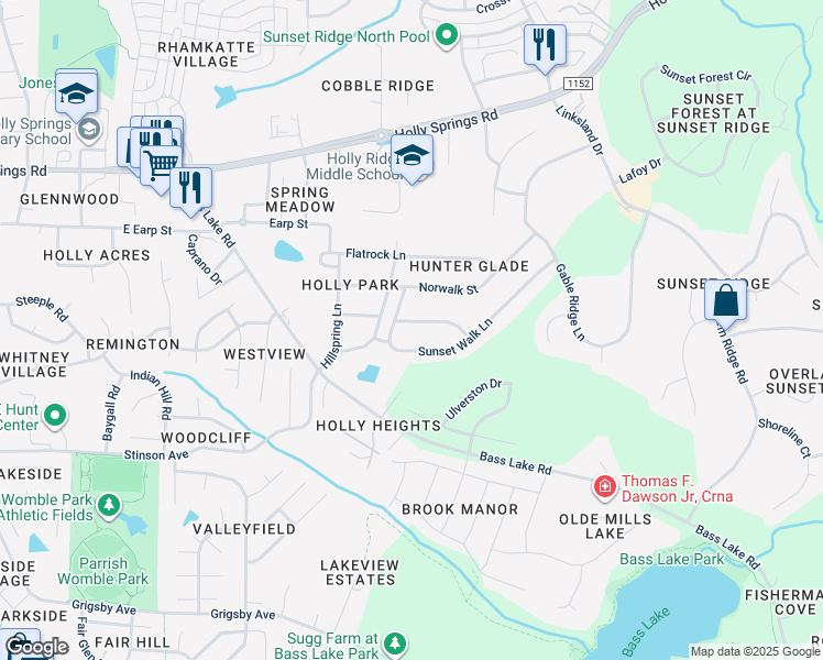 map of restaurants, bars, coffee shops, grocery stores, and more near 4921 Timbergreen Lane in Holly Springs