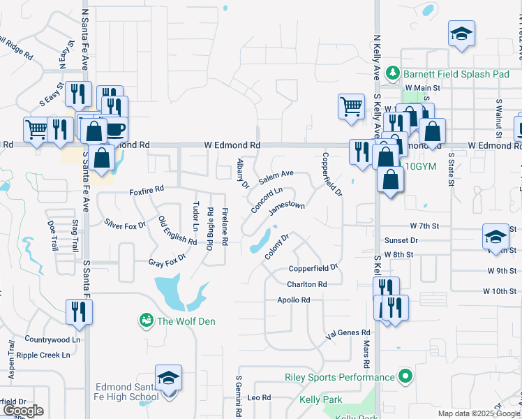 map of restaurants, bars, coffee shops, grocery stores, and more near 1416 Jamestown in Edmond