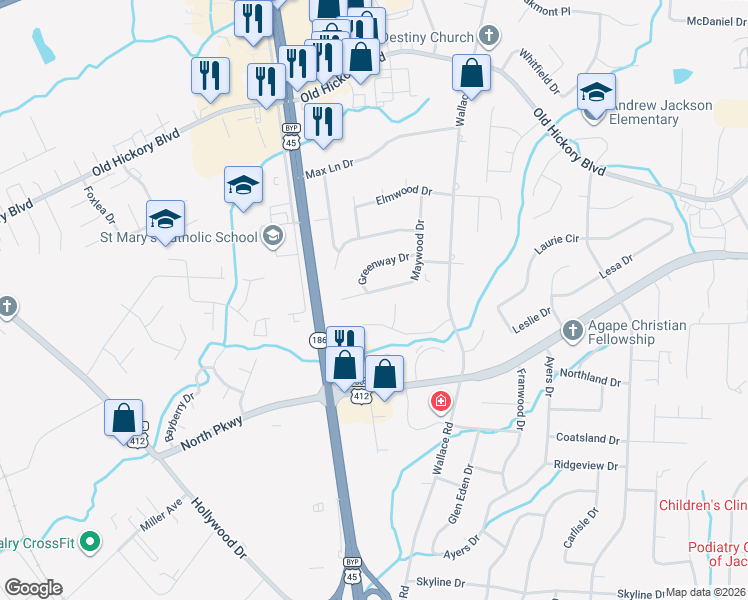 map of restaurants, bars, coffee shops, grocery stores, and more near 93 Shady Lane in Jackson