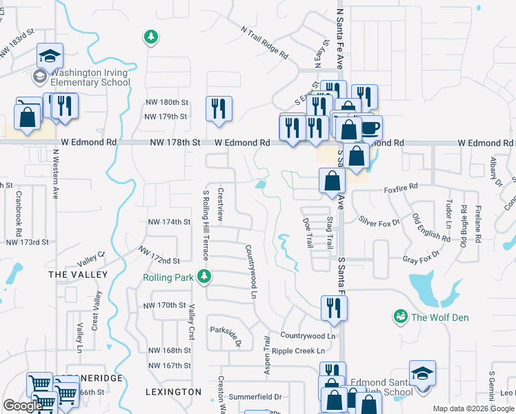 map of restaurants, bars, coffee shops, grocery stores, and more near 625 South Country Side Trail in Edmond