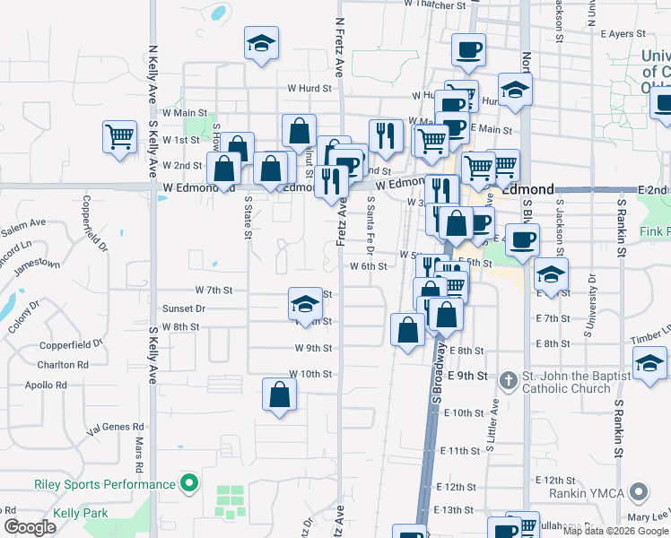 map of restaurants, bars, coffee shops, grocery stores, and more near 309 West 7th Street in Edmond
