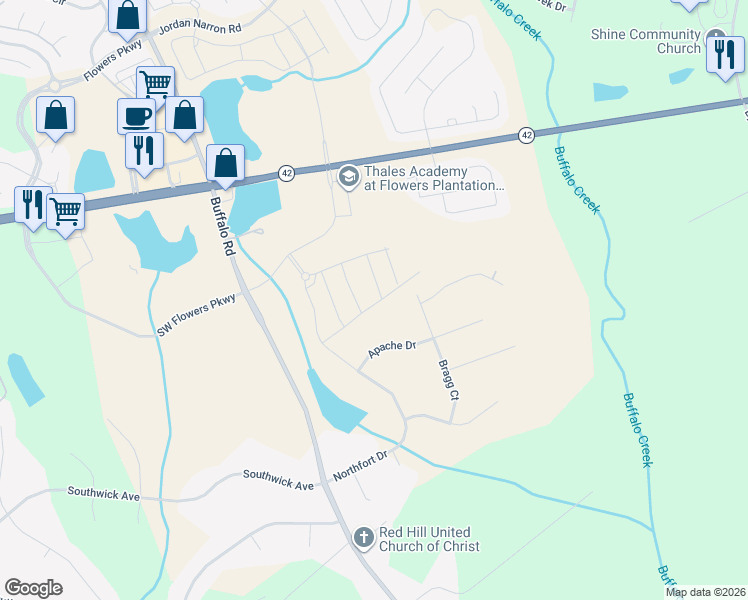 map of restaurants, bars, coffee shops, grocery stores, and more near 113 Apache Drive in Clayton